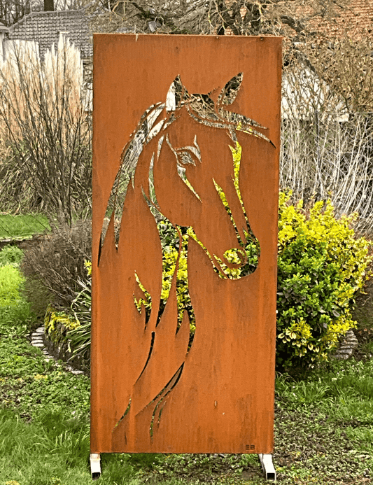 Panneau-Acier-Corten-Brise-Vue-Motif-Cheval-min