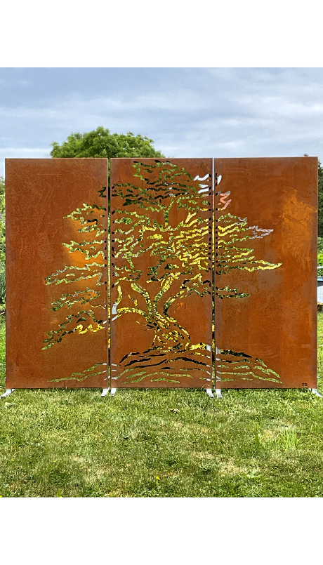 Panneaubrise-vueCorten_TriptyqueArbreMajestueux_XXLbrise-vueCorten_BonsaiZen_pieceunique