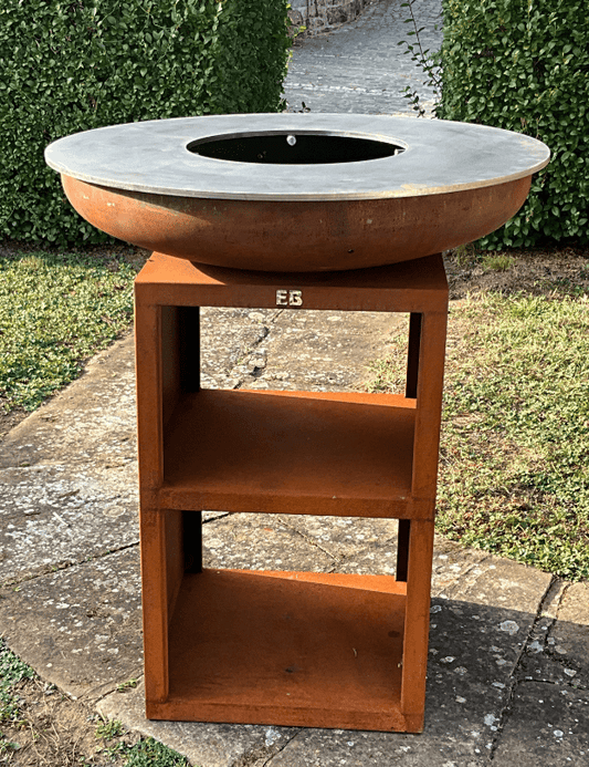 brasero en acier corten avec meuble design extérieur sans réhausse