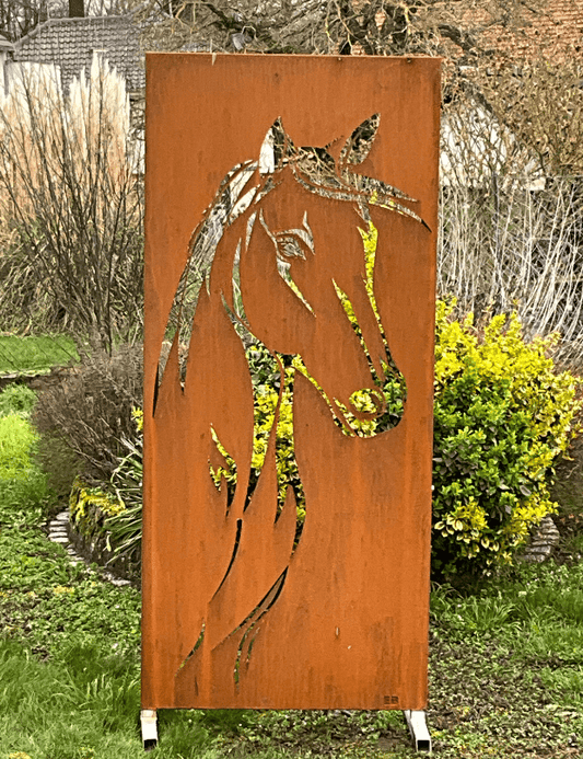 Panneau-Acier-Corten-Brise-Vue-Motif-Cheval-min