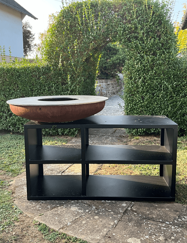 brasero en acier corten avec meuble design laqué extérieur sans réhausse 600x1500x780mm