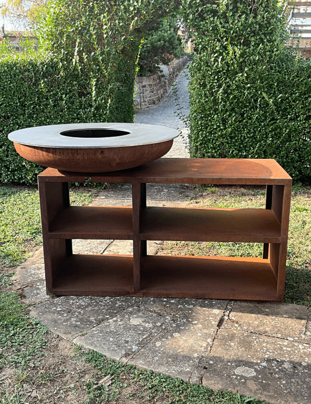 brasero en acier corten avec meuble design extérieur sans réhausse 600x1500x780mm